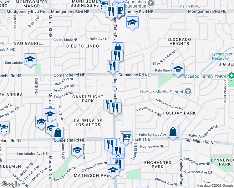 map of restaurants, bars, coffee shops, grocery stores, and more near 11300 Brussels Avenue Northeast in Albuquerque