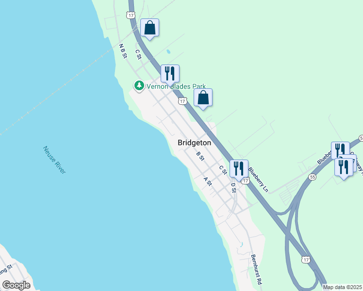 map of restaurants, bars, coffee shops, grocery stores, and more near 11 Eastern Shore Townhouses in Bridgeton