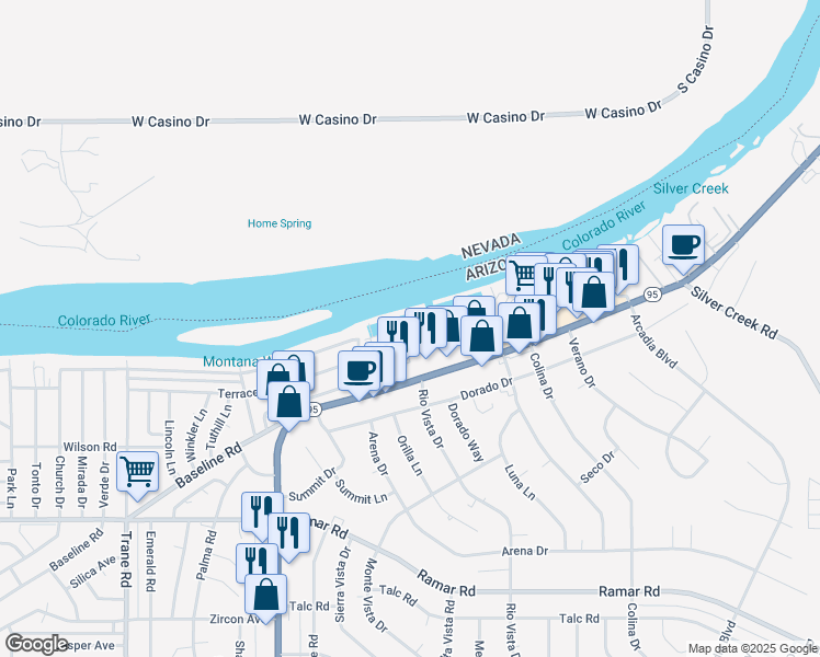 map of restaurants, bars, coffee shops, grocery stores, and more near 1800 Club House Drive in Bullhead City