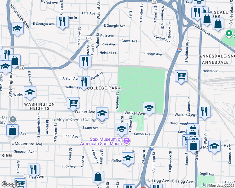 map of restaurants, bars, coffee shops, grocery stores, and more near Neptune Street in Memphis