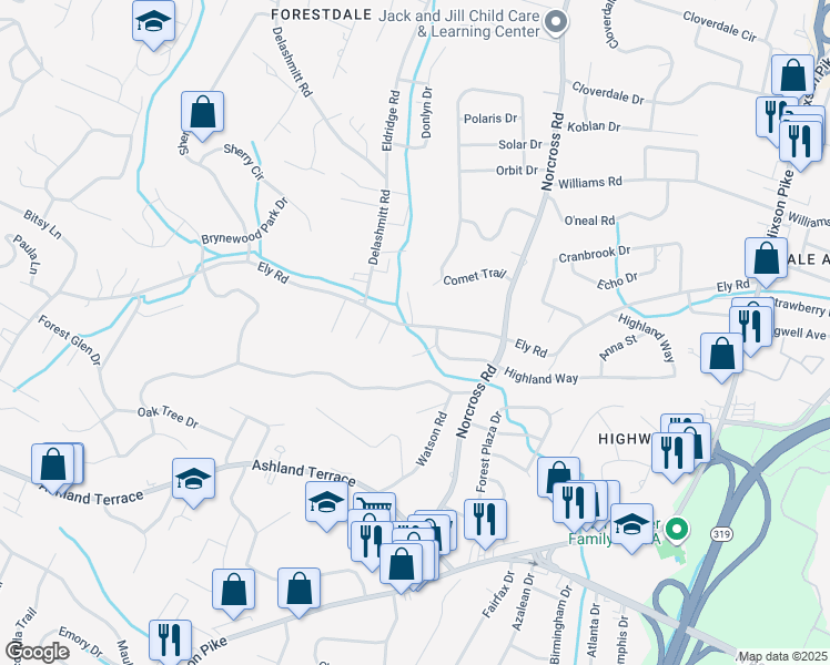 map of restaurants, bars, coffee shops, grocery stores, and more near 1325 Easy Lane in Chattanooga