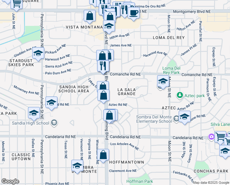 map of restaurants, bars, coffee shops, grocery stores, and more near 3326 Wyoming Boulevard Northeast in Albuquerque