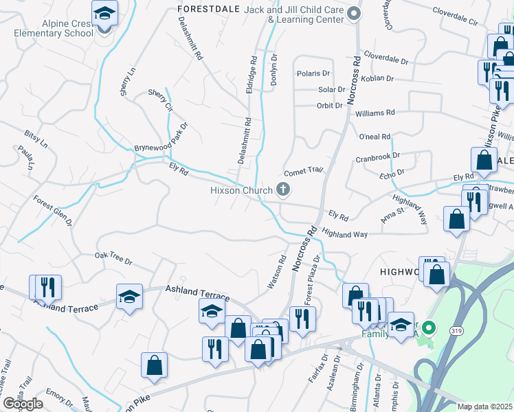 map of restaurants, bars, coffee shops, grocery stores, and more near 1325 Easy Lane in Chattanooga