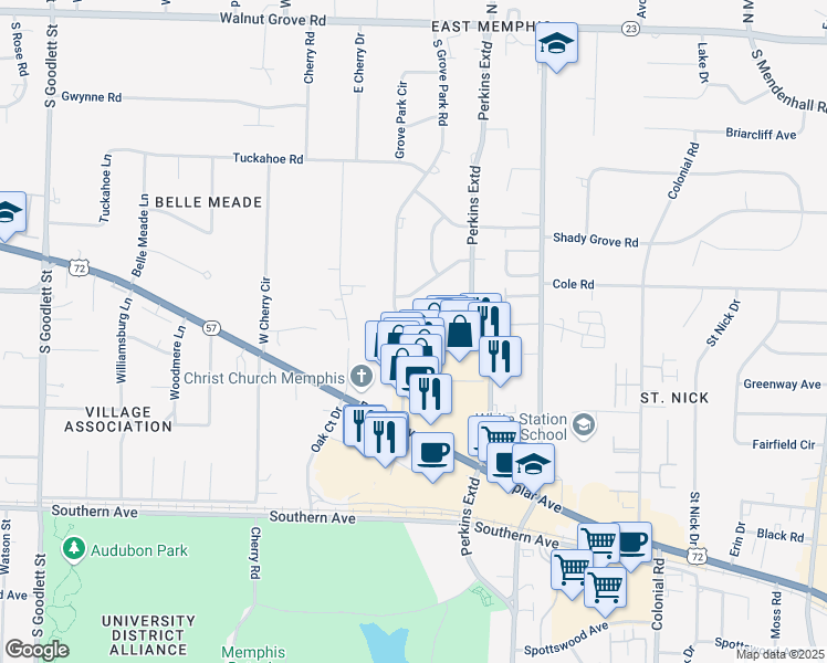 map of restaurants, bars, coffee shops, grocery stores, and more near 370 South Grove Park Road in Memphis
