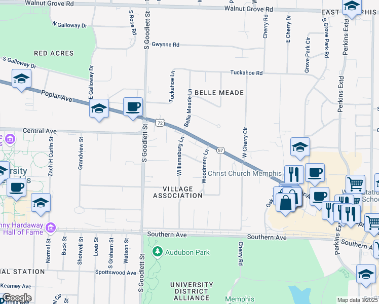map of restaurants, bars, coffee shops, grocery stores, and more near 4201 Central Lane in Memphis