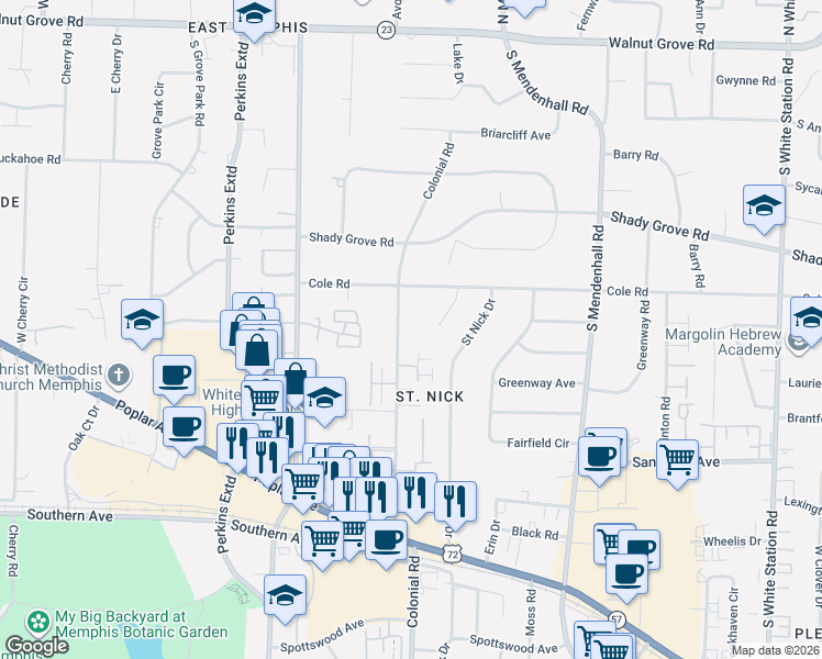 map of restaurants, bars, coffee shops, grocery stores, and more near 362 Colonial Road in Memphis