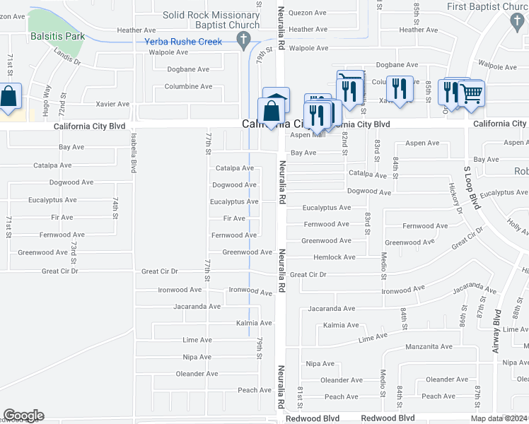 map of restaurants, bars, coffee shops, grocery stores, and more near 20700 79th Street in California City