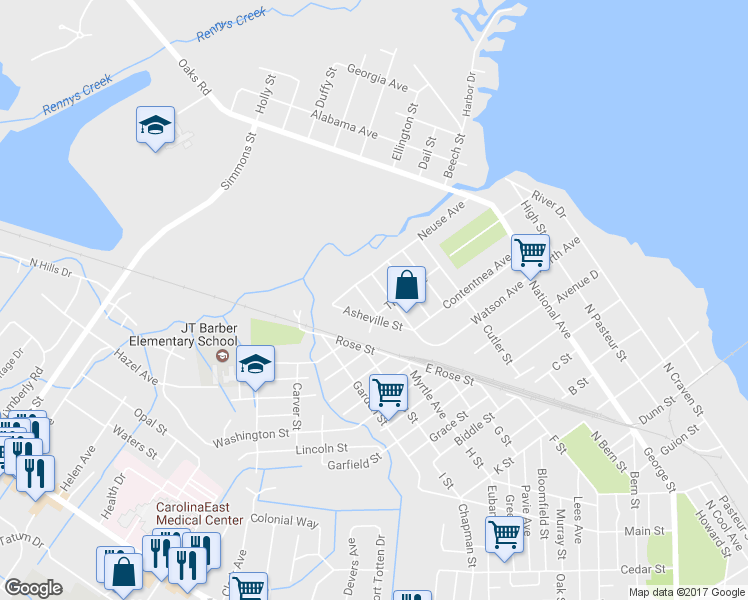 map of restaurants, bars, coffee shops, grocery stores, and more near 1804 Durham Street in New Bern