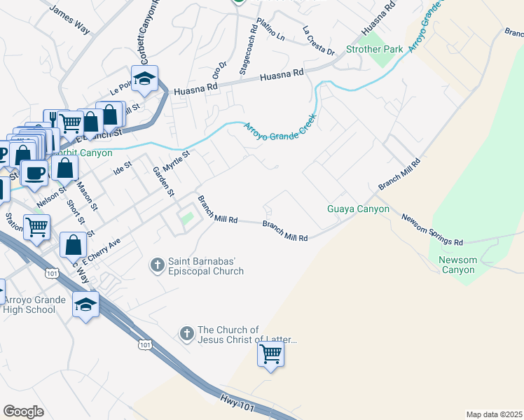 map of restaurants, bars, coffee shops, grocery stores, and more near 769 Branch Mill Road in Arroyo Grande
