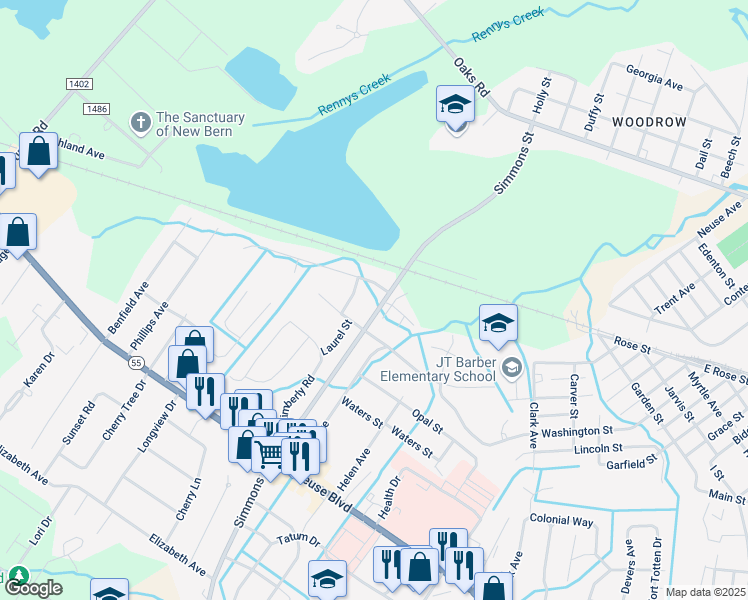 map of restaurants, bars, coffee shops, grocery stores, and more near 2401 Dogwood Drive in New Bern