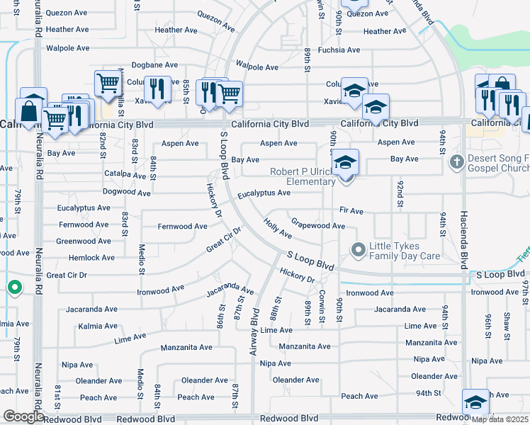 map of restaurants, bars, coffee shops, grocery stores, and more near 8749 Holly Avenue in California City
