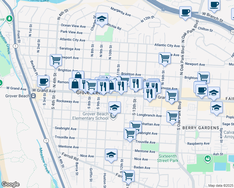 map of restaurants, bars, coffee shops, grocery stores, and more near 2 North 11th Street in Grover Beach