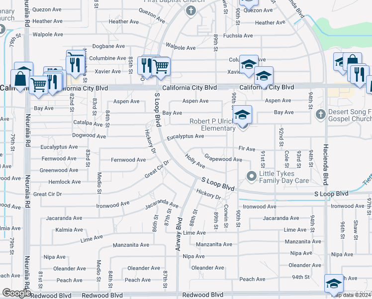 map of restaurants, bars, coffee shops, grocery stores, and more near 8749 Holly Avenue in California City