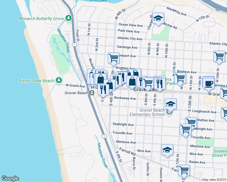 map of restaurants, bars, coffee shops, grocery stores, and more near 401 West Grand Avenue in Grover Beach