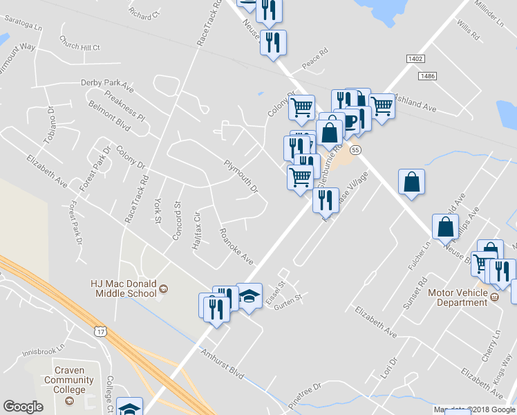 map of restaurants, bars, coffee shops, grocery stores, and more near 1015 Plymouth Drive in New Bern