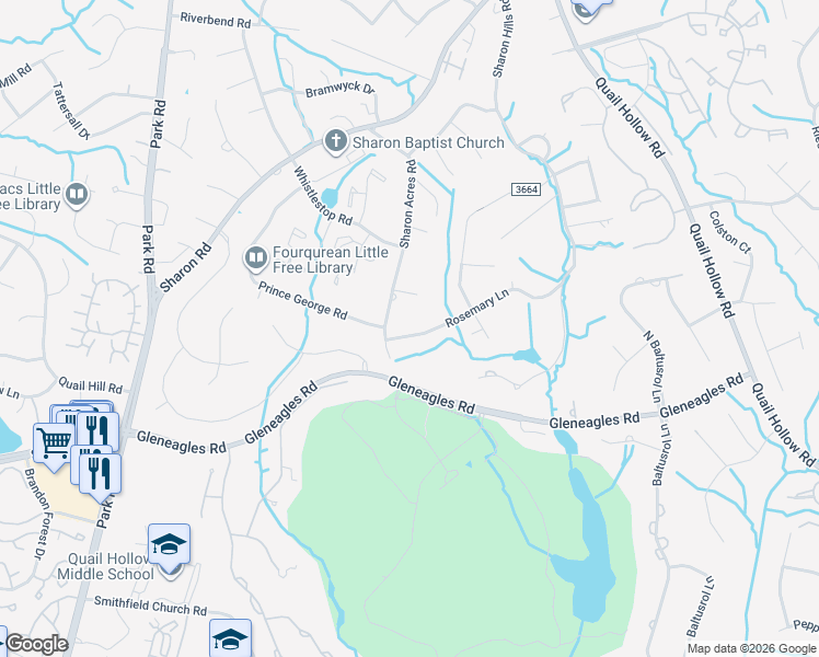 map of restaurants, bars, coffee shops, grocery stores, and more near 6801 Rosemary Lane in Charlotte