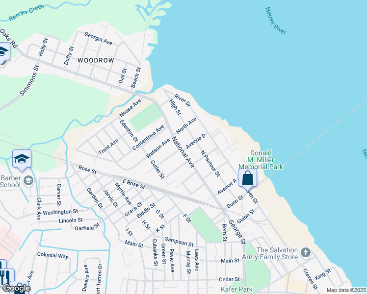 map of restaurants, bars, coffee shops, grocery stores, and more near 1502 National Avenue in New Bern