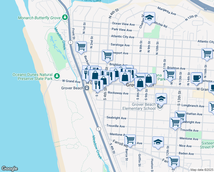 map of restaurants, bars, coffee shops, grocery stores, and more near 493 Rockaway Avenue in Grover Beach