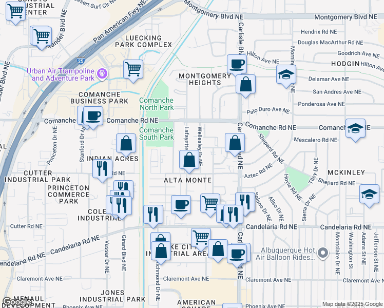 map of restaurants, bars, coffee shops, grocery stores, and more near 3504 Lafayette Drive Northeast in Albuquerque
