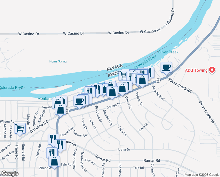 map of restaurants, bars, coffee shops, grocery stores, and more near 1825 East Shore Villas Drive in Bullhead City