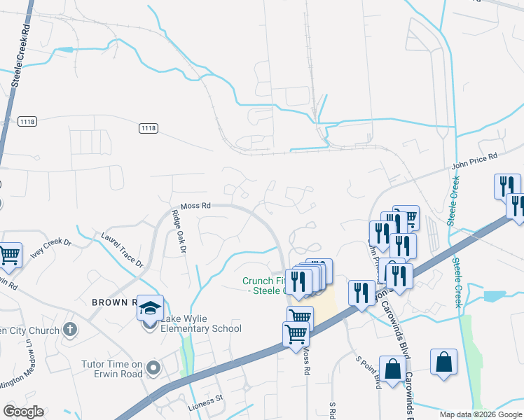 map of restaurants, bars, coffee shops, grocery stores, and more near 11203 Hunters Landing Drive in Charlotte