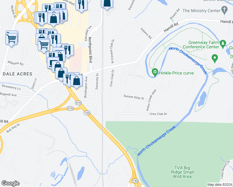 map of restaurants, bars, coffee shops, grocery stores, and more near 2350 Sunset Strip Street in Chattanooga