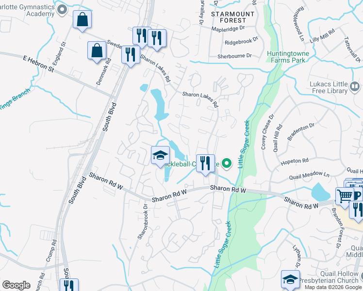 map of restaurants, bars, coffee shops, grocery stores, and more near 7992 Shady Oak Trail in Charlotte