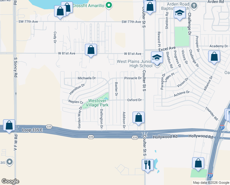 map of restaurants, bars, coffee shops, grocery stores, and more near 8419 Baxter Drive in Amarillo