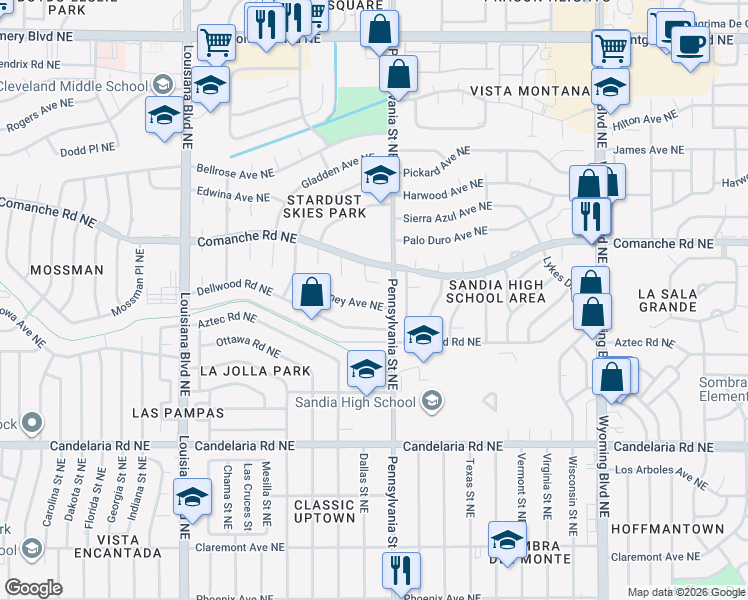 map of restaurants, bars, coffee shops, grocery stores, and more near 7512 Mcnerney Avenue Northeast in Albuquerque