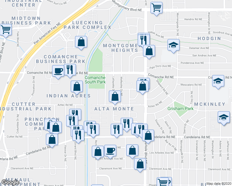 map of restaurants, bars, coffee shops, grocery stores, and more near 322 Lafayette Drive Northeast in Albuquerque