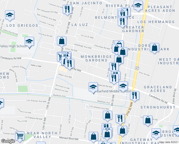 map of restaurants, bars, coffee shops, grocery stores, and more near 722 Candelaria Road Northwest in Albuquerque