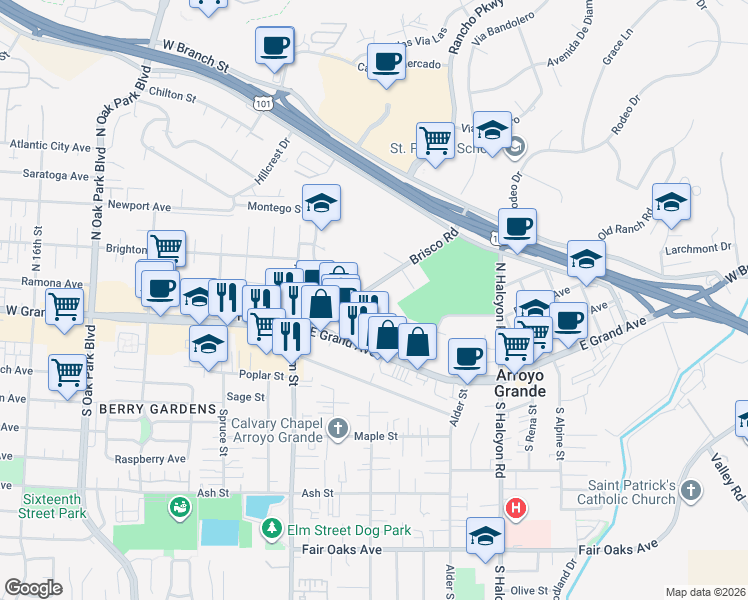 map of restaurants, bars, coffee shops, grocery stores, and more near 1167 Linda Drive in Arroyo Grande