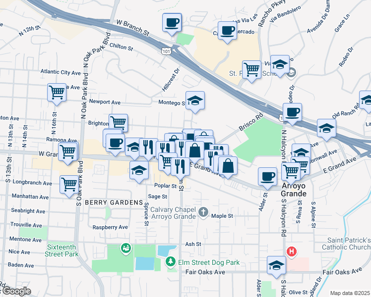 map of restaurants, bars, coffee shops, grocery stores, and more near 1198 East Grand Avenue in Arroyo Grande