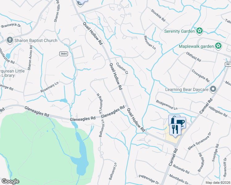 map of restaurants, bars, coffee shops, grocery stores, and more near 6817 Aronomink Drive in Charlotte