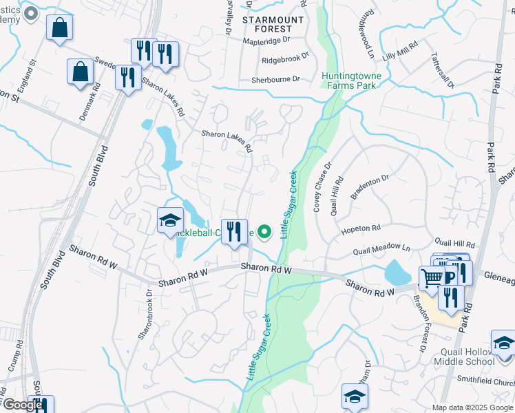 map of restaurants, bars, coffee shops, grocery stores, and more near 2021 Harvest Lane in Charlotte