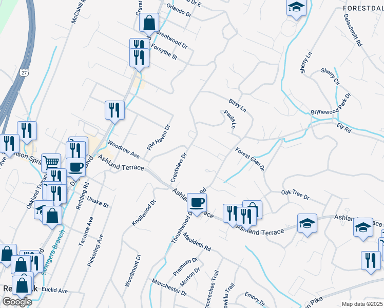 map of restaurants, bars, coffee shops, grocery stores, and more near 4238 Crestview Drive in Chattanooga