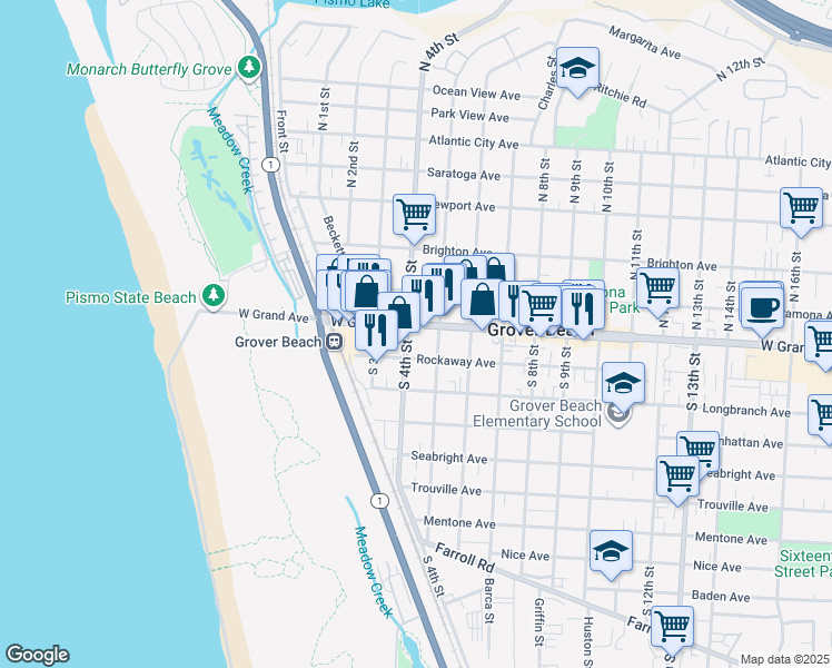 map of restaurants, bars, coffee shops, grocery stores, and more near 402 West Grand Avenue in Grover Beach