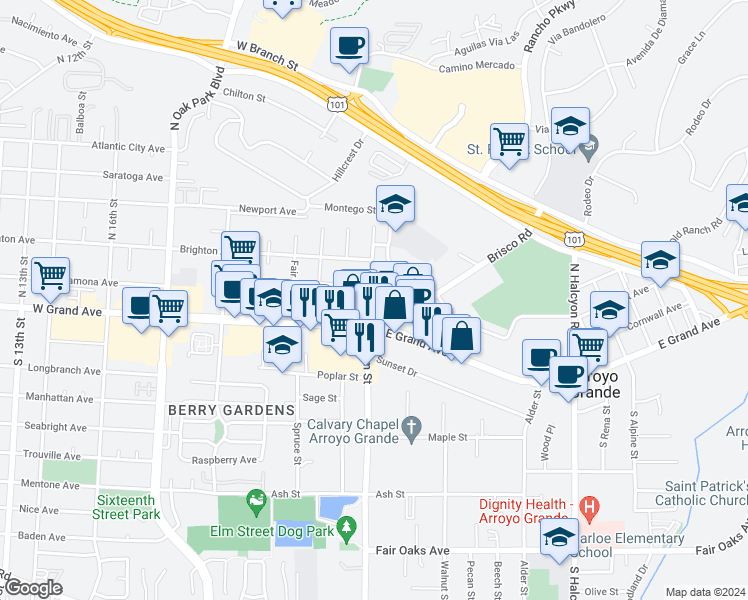 map of restaurants, bars, coffee shops, grocery stores, and more near 188 North Elm Street in Arroyo Grande