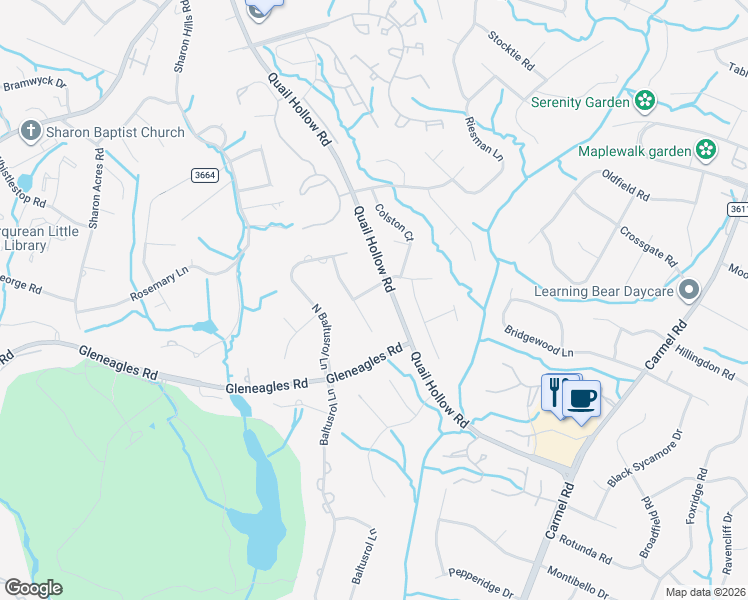 map of restaurants, bars, coffee shops, grocery stores, and more near 6817 Aronomink Drive in Charlotte