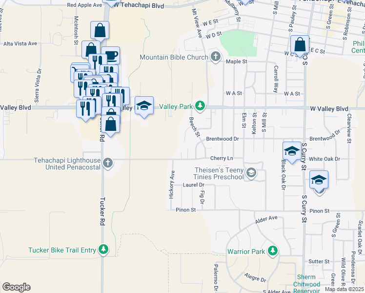 map of restaurants, bars, coffee shops, grocery stores, and more near 919 Golden West Court in Tehachapi