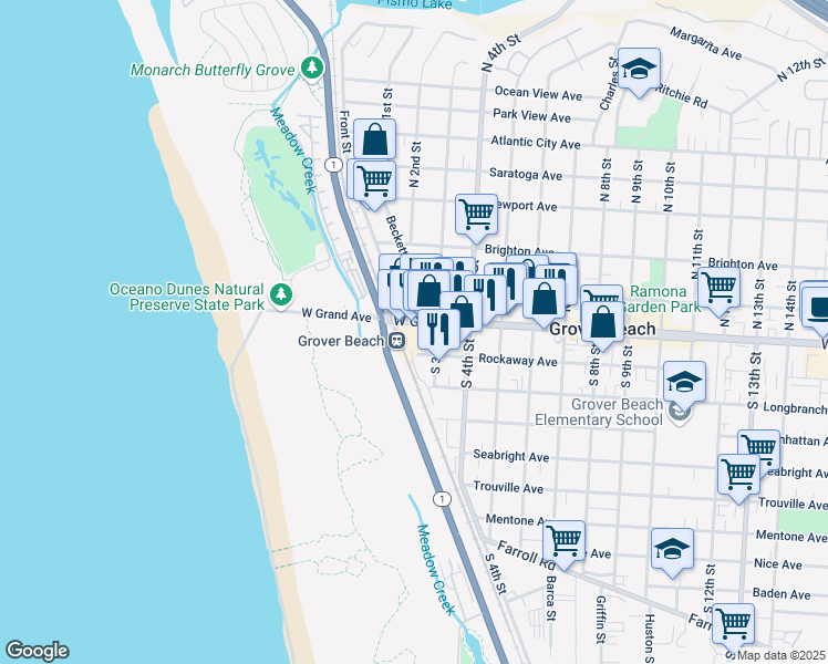 map of restaurants, bars, coffee shops, grocery stores, and more near 204 West Grand Avenue in Grover Beach