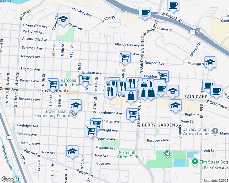 map of restaurants, bars, coffee shops, grocery stores, and more near 1580 West Grand Avenue in Grover Beach