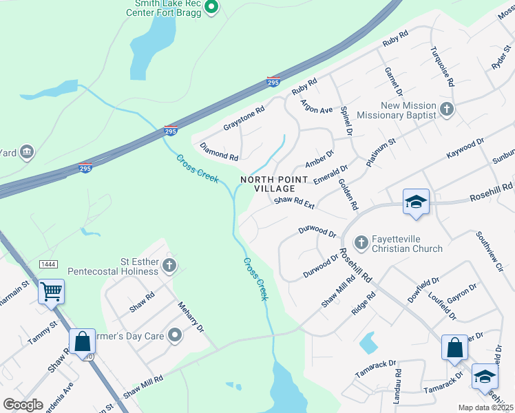map of restaurants, bars, coffee shops, grocery stores, and more near 2205 Shaw Road Extension in Fayetteville