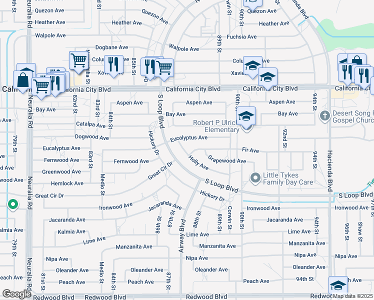 map of restaurants, bars, coffee shops, grocery stores, and more near 8749 Holly Avenue in California City