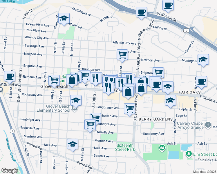 map of restaurants, bars, coffee shops, grocery stores, and more near 1477 West Grand Avenue in Grover Beach