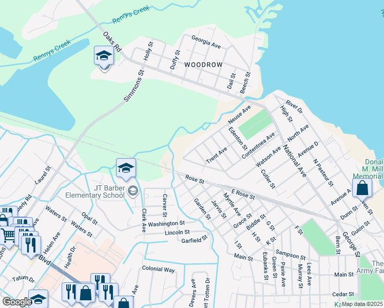 map of restaurants, bars, coffee shops, grocery stores, and more near 1005 Neuse Avenue in New Bern