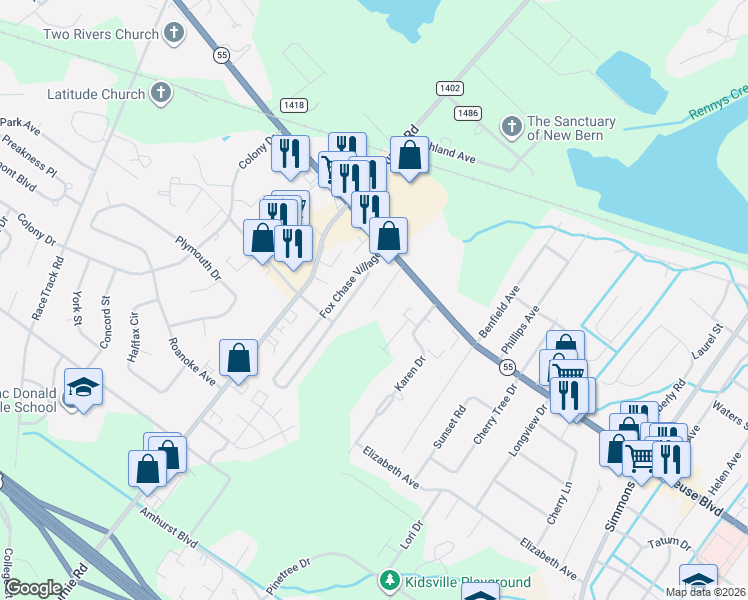map of restaurants, bars, coffee shops, grocery stores, and more near 2815 Neuse Boulevard in New Bern