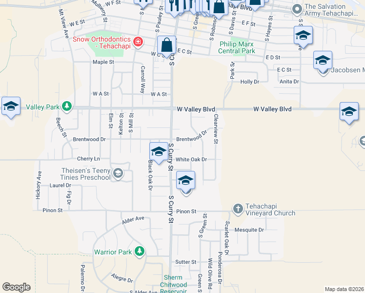 map of restaurants, bars, coffee shops, grocery stores, and more near 101 White Oak Drive in Tehachapi
