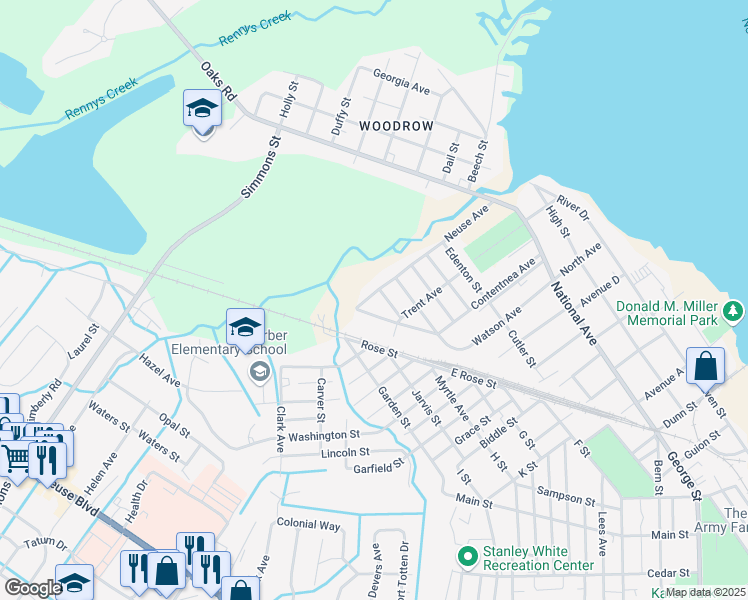 map of restaurants, bars, coffee shops, grocery stores, and more near 1005 Neuse Avenue in New Bern