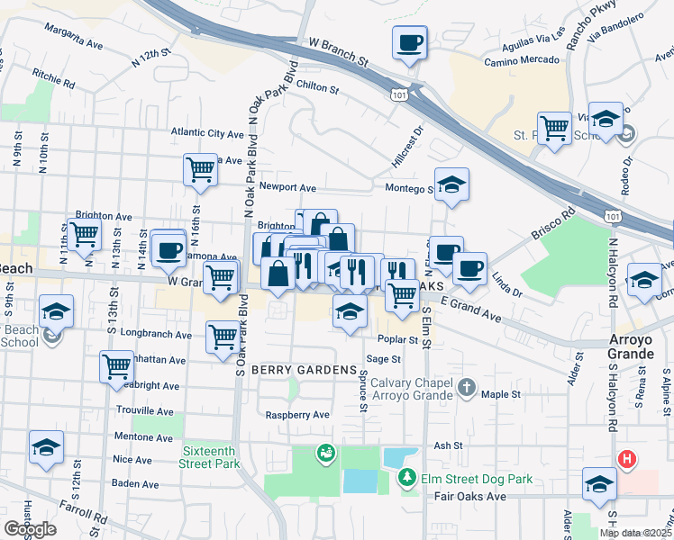 map of restaurants, bars, coffee shops, grocery stores, and more near 1350 East Grand Avenue in Arroyo Grande